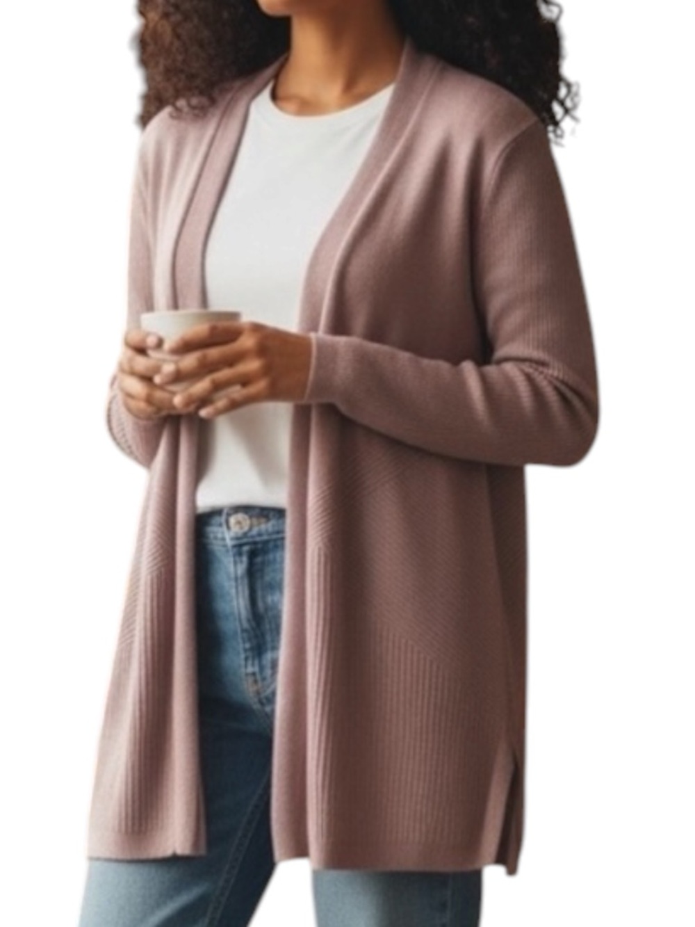 VERVE AMI Ribbed Knit Long Sleeve Open-Front Cardigan in Soft Pink Size Large